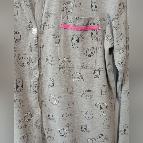 Dearfoams Cat Print Gray Button-Up Nightshirt Women's Medium Cozy Loungewear - Picture 2 of 5